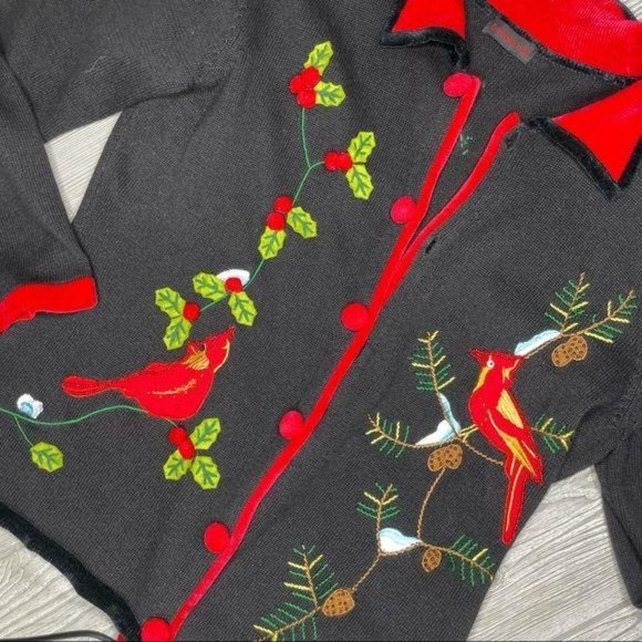 Vintage Bobby bell embroidered cardinal bird holly Christmas sweater med - Picture 6 of 7